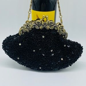 Black Beaded Sequins Vintage Clutch Formal Shell-Shaped Evening Purse Hand Bag